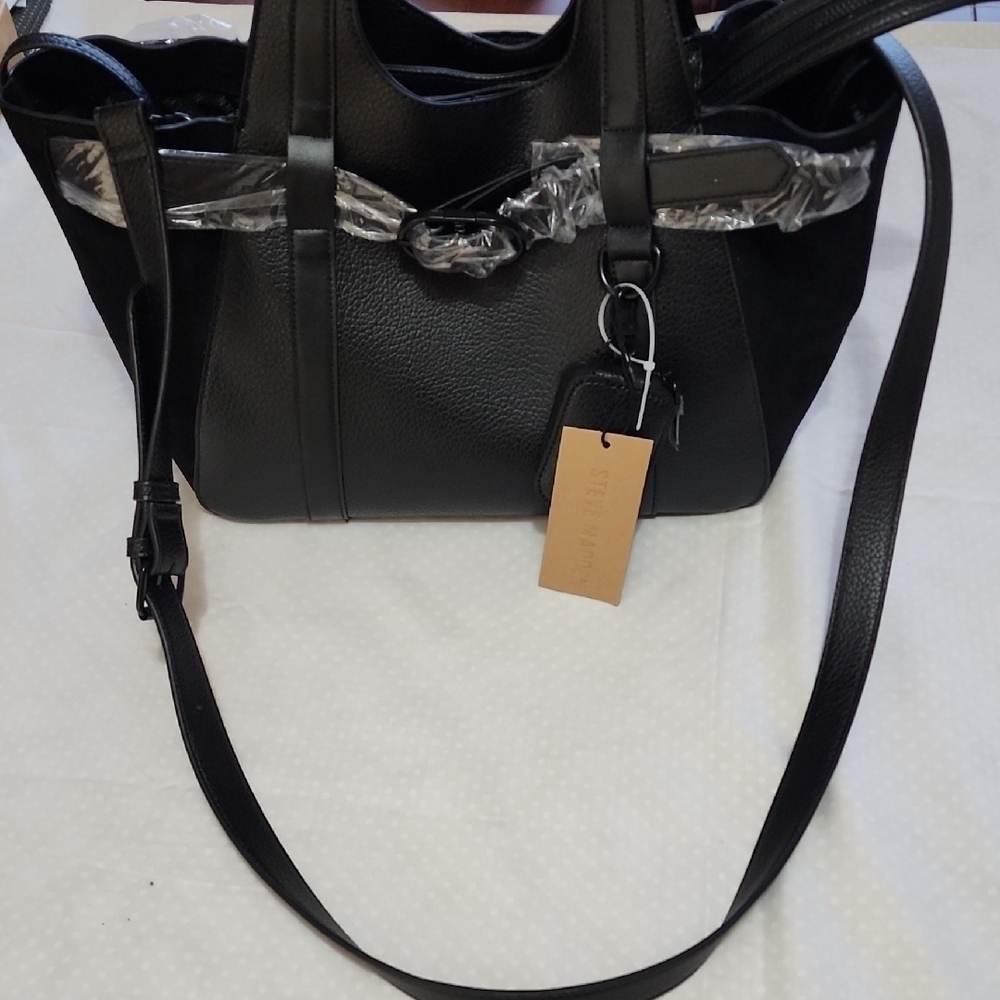 Black Leather-Textured Tote Bag with Shoulder Strap
